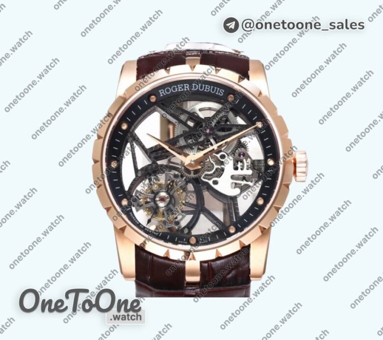 Реплика часов Roger Dubuis Excalibur Rddbex0393 Rose gold Top-tier Копия один в один Skeleton Dial Leather Strap Tourbillon