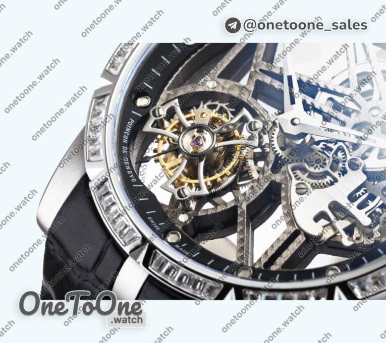 Реплика часов Roger Dubuis Excalibur Rddbex0393 Stainless steel Diamonds Bezel Top-tier Копия один в один Skeleton Dial Leather Strap Tourbillon