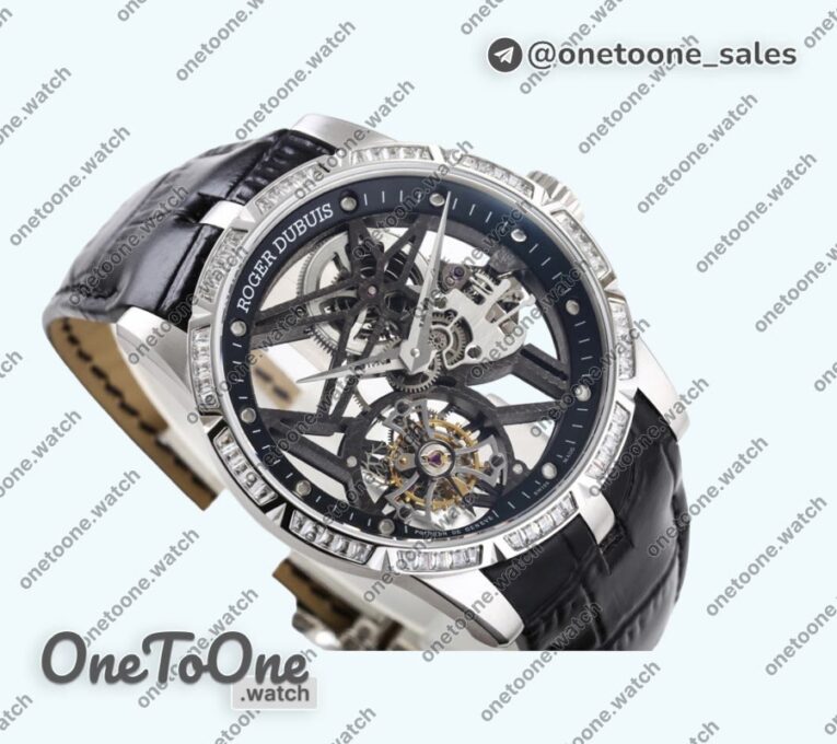 Реплика часов Roger Dubuis Excalibur Rddbex0393 Stainless steel Diamonds Bezel Top-tier Копия один в один Skeleton Dial Leather Strap Tourbillon