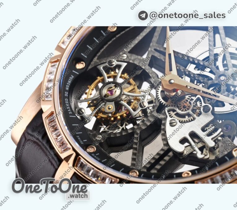 Реплика часов Roger Dubuis Excalibur Rddbex0393 Rose gold Diamonds Bezel Top-tier Копия один в один Skeleton Dial Leather Strap Tourbillon