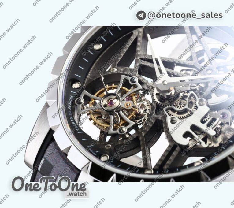 Реплика часов Roger Dubuis Excalibur Stainless steel Top-tier Копия один в один Skeleton Dial Black Rubber Strap Tourbillon