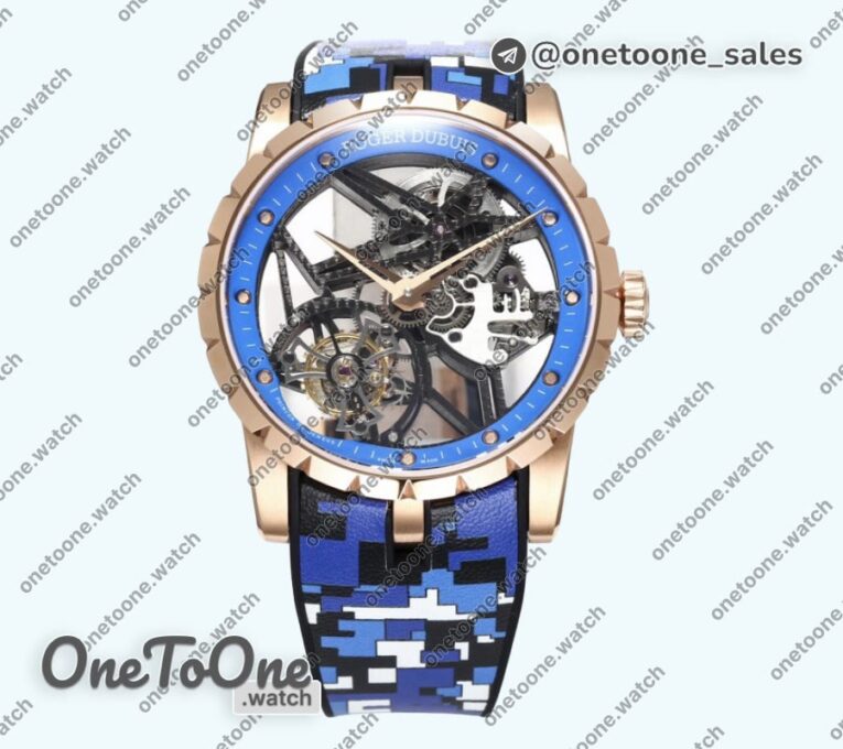 Реплика часов Roger Dubuis Excalibur Rose gold Top-tier Копия один в один Skeleton Dial Blue Rubber Strap Tourbillon