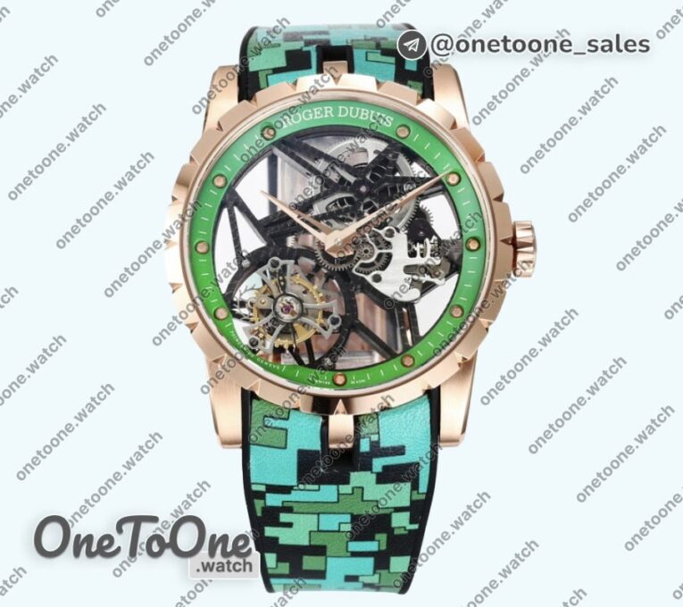 Реплика часов Roger Dubuis Excalibur Rose gold Top-tier Копия один в один Skeleton Dial Green Rubber Strap Tourbillon