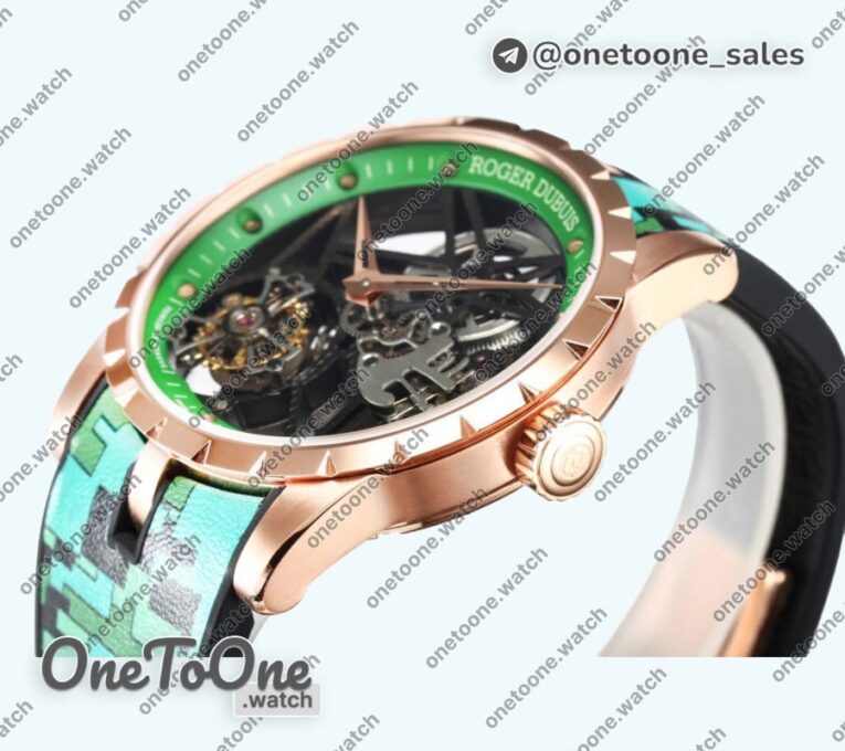 Реплика часов Roger Dubuis Excalibur Rose gold Top-tier Копия один в один Skeleton Dial Green Rubber Strap Tourbillon