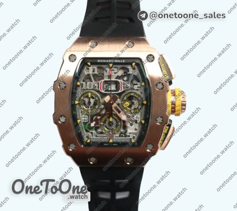 Реплика часов Richard Mille 011 Rose gold Chronograph Rose gold Case Top-tier Копия один в один Crystal Skeleton Dial Rubber Strap