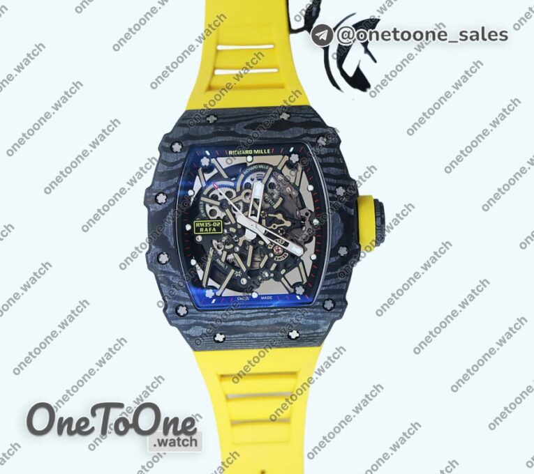 Реплика часов Richard Mille 035-02 Real PT Top-tier Копия один в один Skeleton Dial Yellow Rubber Strap NH05A V4