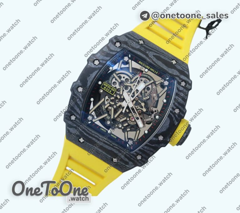 Реплика часов Richard Mille 035-02 Real PT Top-tier Копия один в один Skeleton Dial Yellow Rubber Strap NH05A V4
