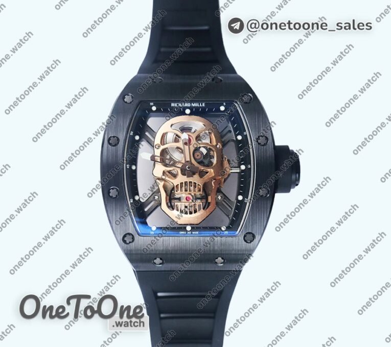 Реплика часов Richard Mille 052 Skull Black Ceramic Top-tier Копия один в один Rose gold Skeleton Dial Black Rubber Strap NH05A
