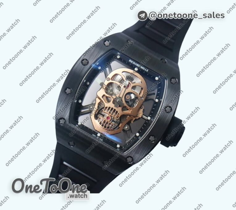 Реплика часов Richard Mille 052 Skull Black Ceramic Top-tier Копия один в один Rose gold Skeleton Dial Black Rubber Strap NH05A
