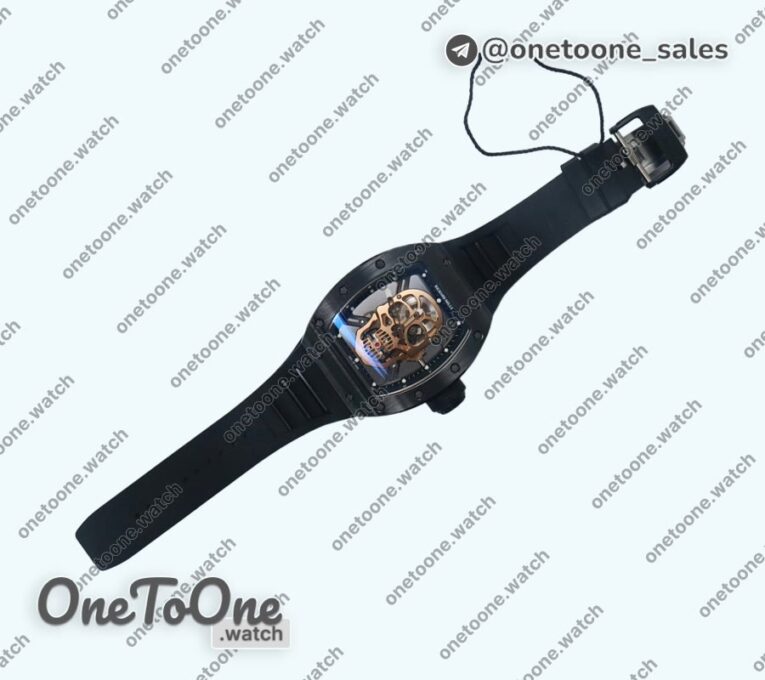 Реплика часов Richard Mille 052 Skull Black Ceramic Top-tier Копия один в один Rose gold Skeleton Dial Black Rubber Strap NH05A