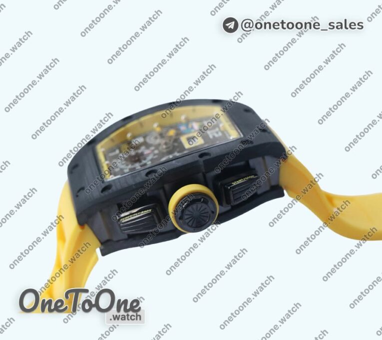 Реплика часов Richard Mille 011 PT Carbon Chrono Top-tier Копия один в один Crystal Skeleton Dial Yellow Inner Bezel Yellow Rubber Strap