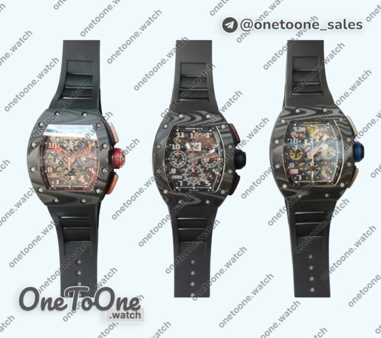Реплика часов Richard Mille 011 PT Chrono Carbon Case Top-tier Копия один в один Crystal Dial Rubber Strap V2