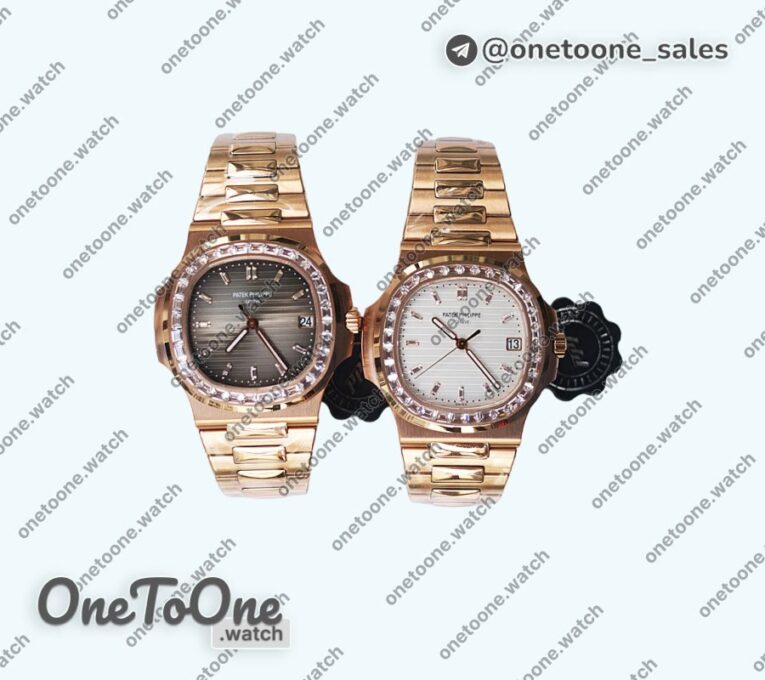 Реплика часов Patek Philippe Nautilus 5711 Rose gold Top-tier Копия один в один Brown&White Dial Diamonds Markers and Bezel Rose gold Bracelet 324CS V3