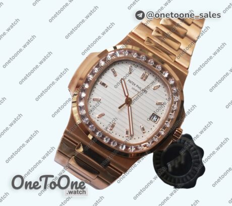 Реплика часов Patek Philippe Nautilus 5711 Rose gold Top-tier Копия один в один Brown&White Dial Diamonds Markers and Bezel Rose gold Bracelet 324CS V3