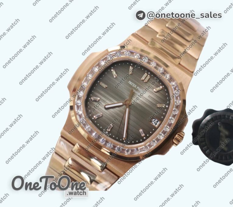 Реплика часов Patek Philippe Nautilus 5711 Rose gold Top-tier Копия один в один Brown&White Dial Diamonds Markers and Bezel Rose gold Bracelet 324CS V3