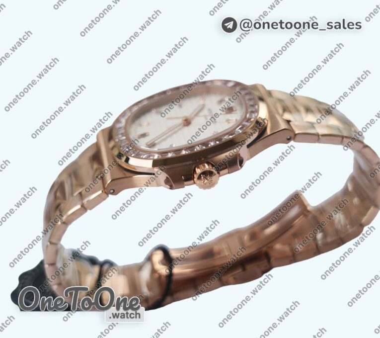 Реплика часов Patek Philippe Nautilus 5711 Rose gold Top-tier Копия один в один Brown&White Dial Diamonds Markers and Bezel Rose gold Bracelet 324CS V3