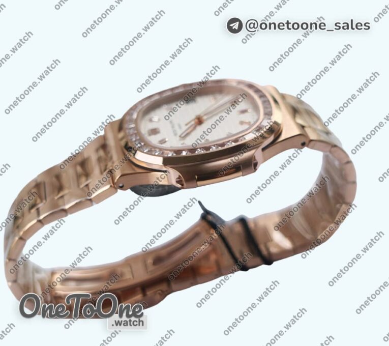 Реплика часов Patek Philippe Nautilus 5711 Rose gold Top-tier Копия один в один Brown&White Dial Diamonds Markers and Bezel Rose gold Bracelet 324CS V3