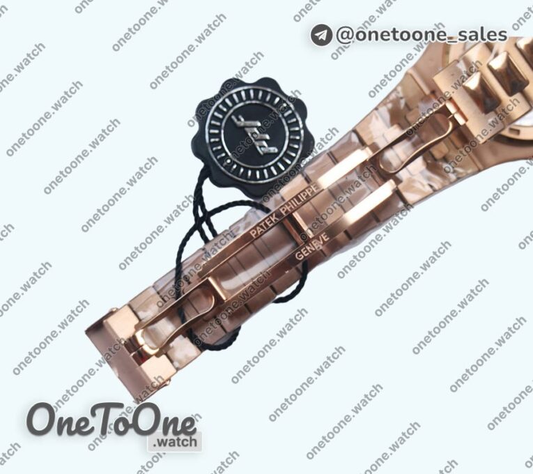Реплика часов Patek Philippe Nautilus 5711 Rose gold Top-tier Копия один в один Brown&White Dial Diamonds Markers and Bezel Rose gold Bracelet 324CS V3