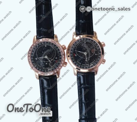 Реплика часов Patek Philippe Grand Complications 6102R Moon Rose gold Black Dial Black Leather Strap TWF