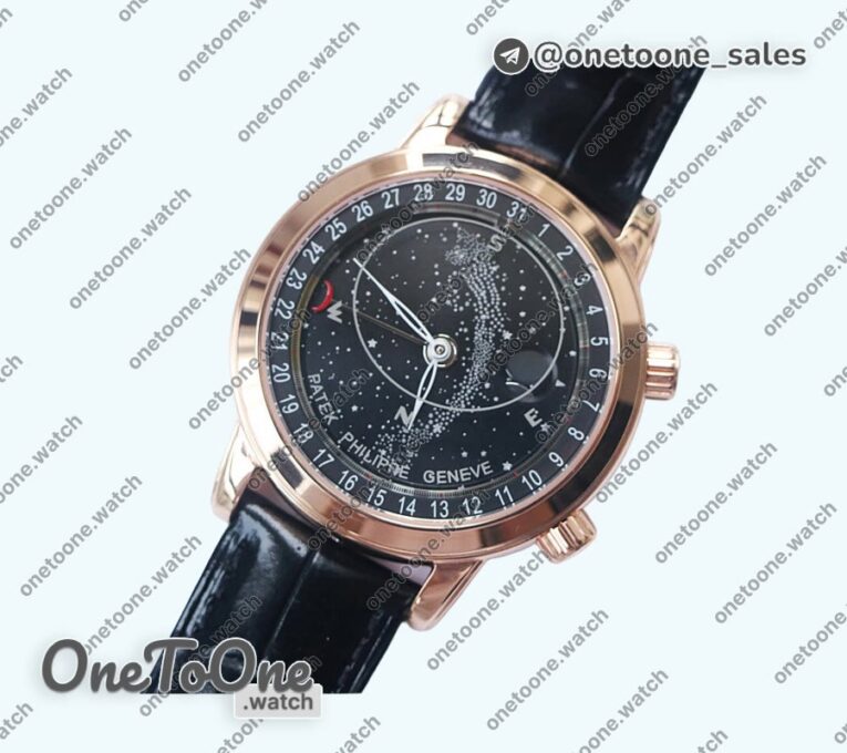 Реплика часов Patek Philippe Grand Complications 6102R Moon Rose gold Black Dial Black Leather Strap TWF