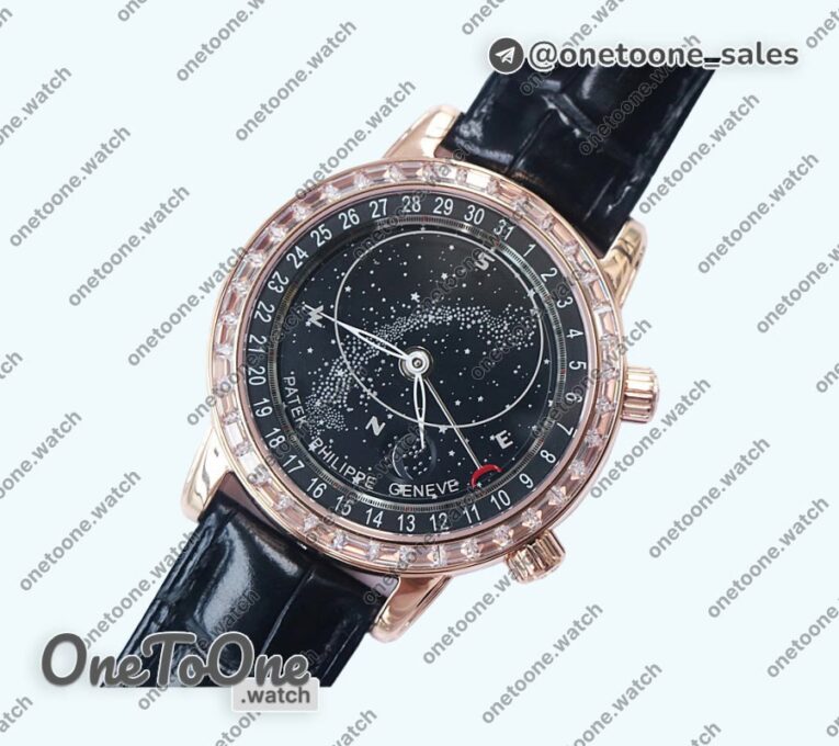 Реплика часов Patek Philippe Grand Complications 6102R Moon Rose gold Black Dial Black Leather Strap TWF