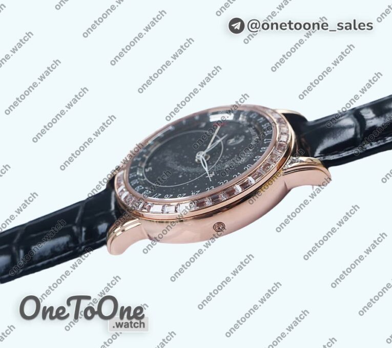 Реплика часов Patek Philippe Grand Complications 6102R Moon Rose gold Black Dial Black Leather Strap TWF