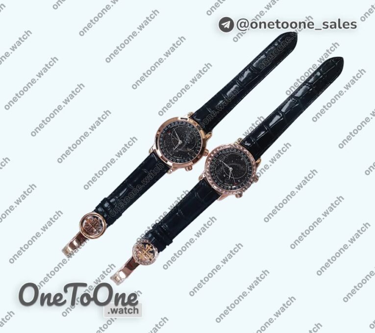 Реплика часов Patek Philippe Grand Complications 6102R Moon Rose gold Black Dial Black Leather Strap TWF