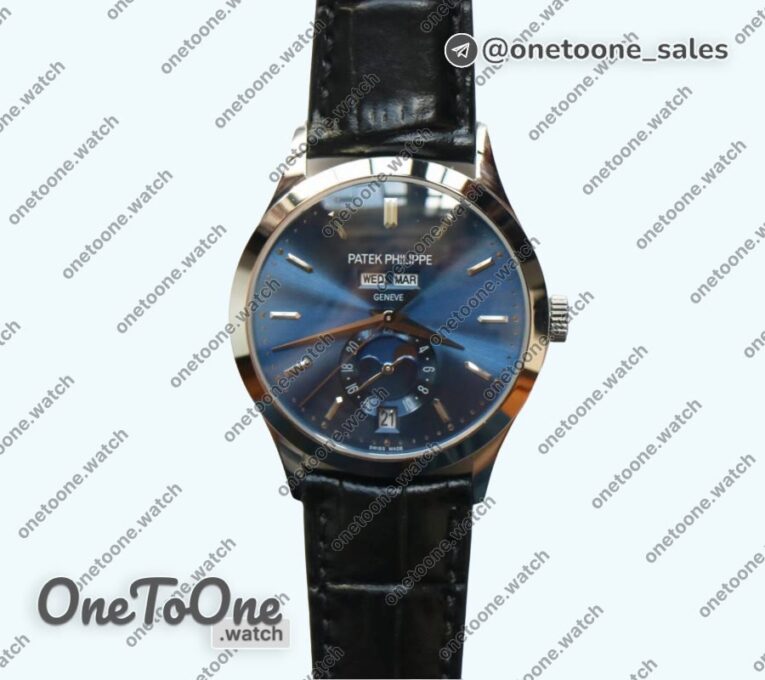Реплика часов Patek Philippe Complications 5396G Blue Dial Crystal Markers on Black Leather Strap KMF