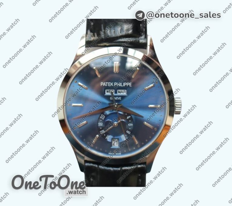 Реплика часов Patek Philippe Complications 5396G Blue Dial Crystal Markers on Black Leather Strap KMF