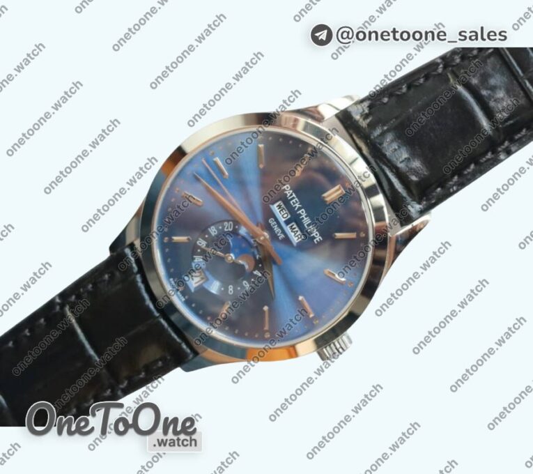 Реплика часов Patek Philippe Complications 5396G Blue Dial Crystal Markers on Black Leather Strap KMF