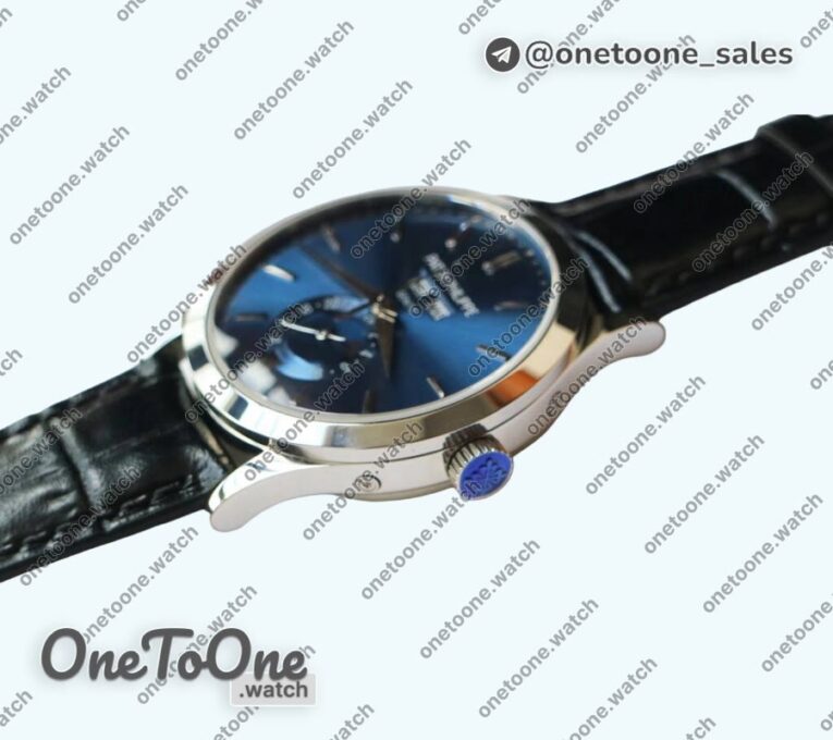 Реплика часов Patek Philippe Complications 5396G Blue Dial Crystal Markers on Black Leather Strap KMF