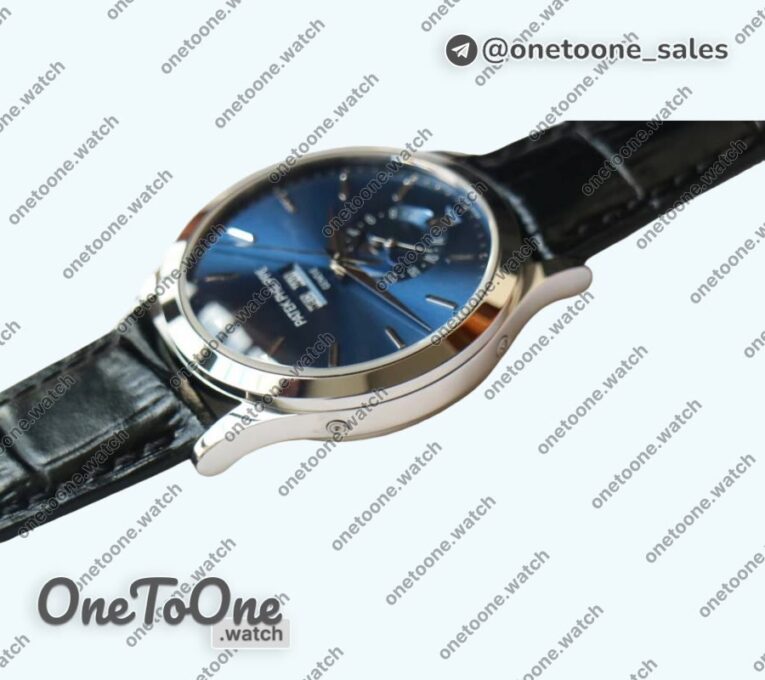 Реплика часов Patek Philippe Complications 5396G Blue Dial Crystal Markers on Black Leather Strap KMF
