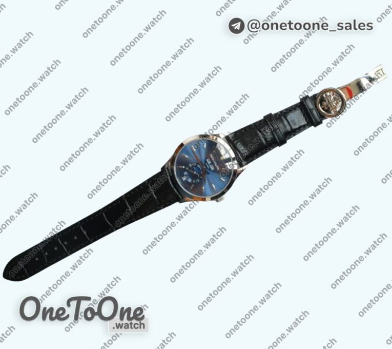 Реплика часов Patek Philippe Complications 5396G Blue Dial Crystal Markers on Black Leather Strap KMF