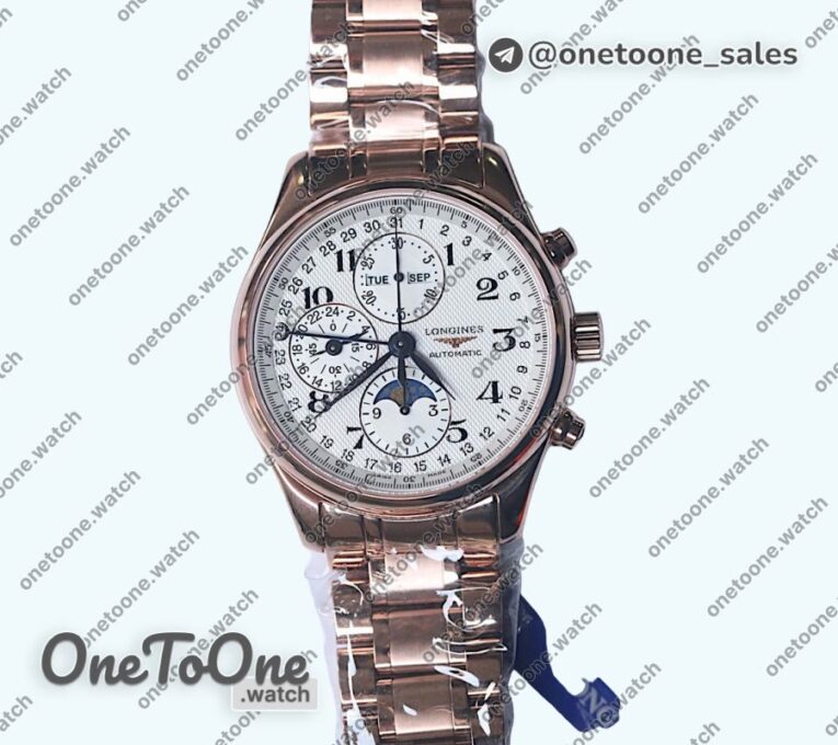 Реплика часов Longines Master Moonphase Chronograph Rose gold Top-tier Копия один в один White Dial Bracelet