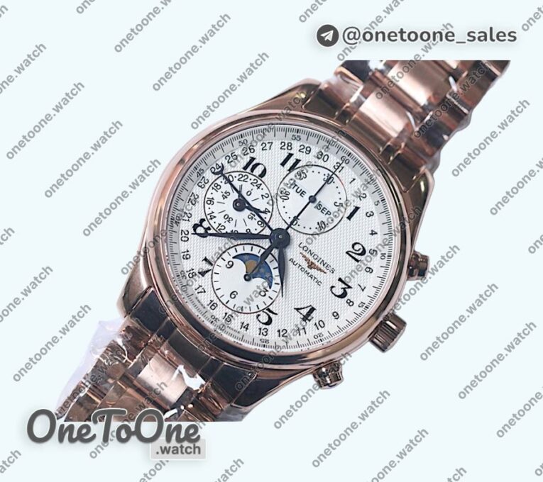 Реплика часов Longines Master Moonphase Chronograph Rose gold Top-tier Копия один в один White Dial Bracelet
