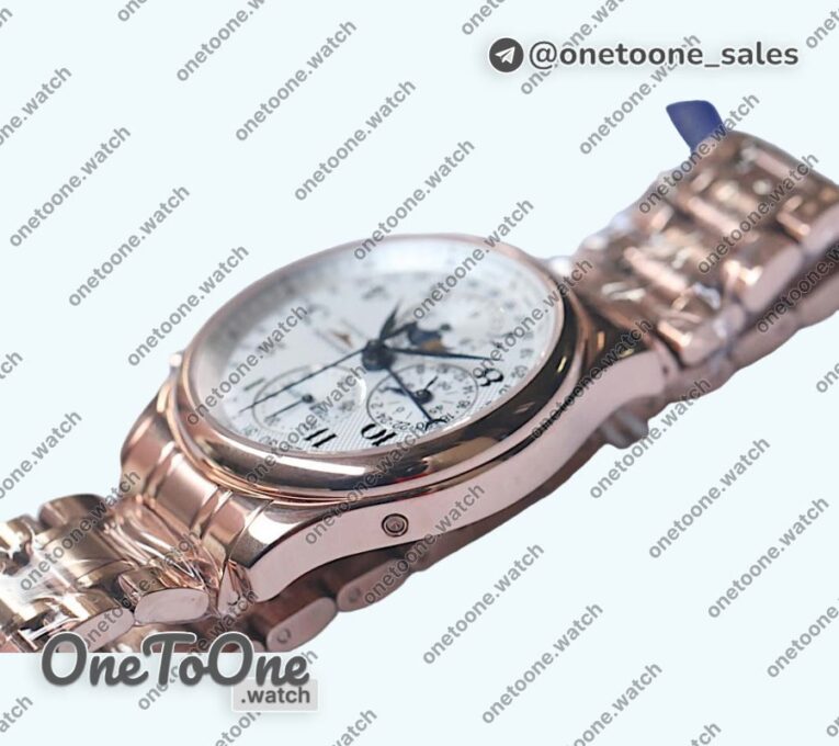 Реплика часов Longines Master Moonphase Chronograph Rose gold Top-tier Копия один в один White Dial Bracelet