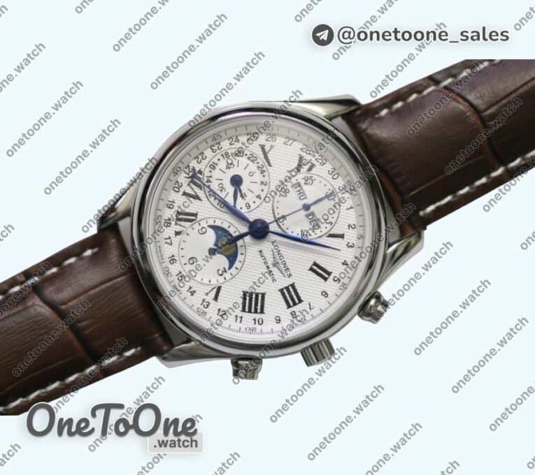 Реплика часов Longines Master Moonphase Chronograph Stainless steel 40mm White &Black Textured Dial Black Leather Strap