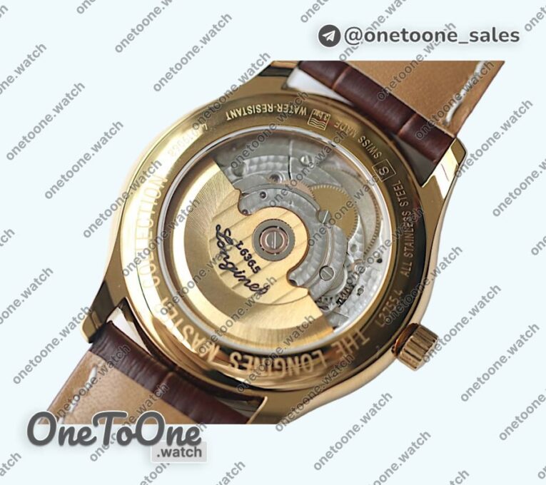 Реплика часов Longines Master Day Date Yellow gold Top-tier Копия один в один White Textured Dial Leather Strap
