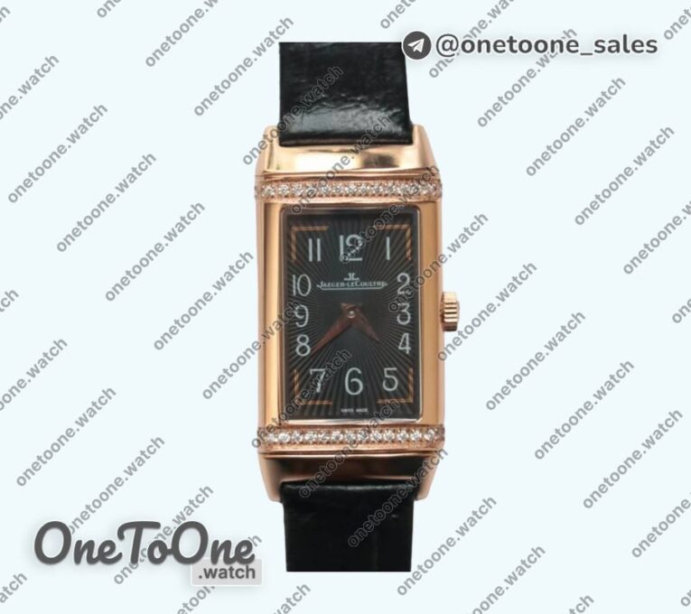 Реплика часов Jaeger-lecoultre Reverso Ladies Rose gold Diamonds Bezel White&Black Dials Leather Strap Japan Quartz