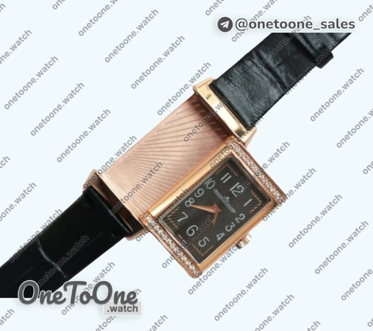 Реплика часов Jaeger-lecoultre Reverso Ladies Rose gold Diamonds Bezel White&Black Dials Leather Strap Japan Quartz