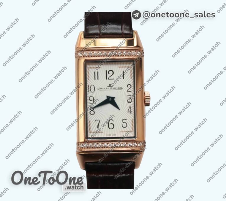 Реплика часов Jaeger-lecoultre Reverso Ladies Rose gold Diamonds Bezel White&Black Dials Leather Strap Japan Quartz