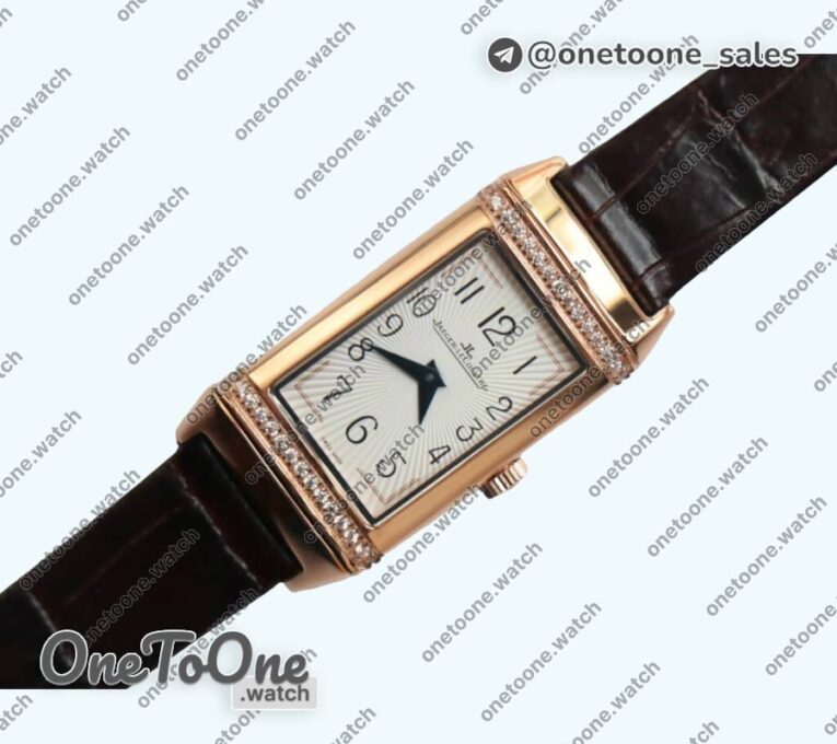 Реплика часов Jaeger-lecoultre Reverso Ladies Rose gold Diamonds Bezel White&Black Dials Leather Strap Japan Quartz