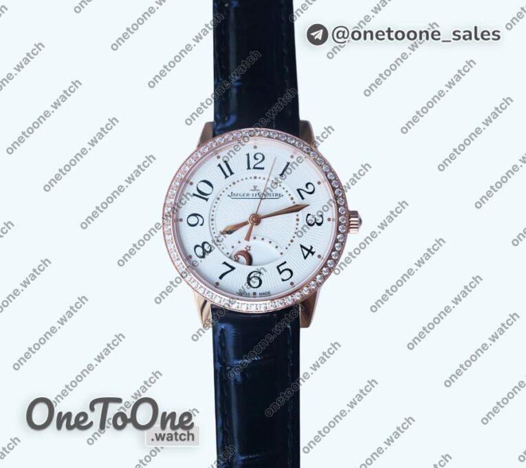 Реплика часов Jaeger-lecoultre Rendez-Vous Night & Day Rose gold Top-tier Копия один в один White Dial Black Markers Diamonds Bezel Black Leather Strap