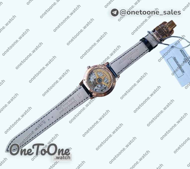 Реплика часов Jaeger-lecoultre Rendez-Vous Night & Day Rose gold Top-tier Копия один в один White Dial Black Markers Diamonds Bezel Black Leather Strap