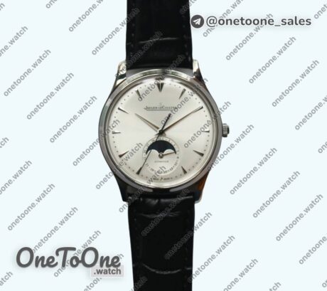 Реплика часов Jaeger-lecoultre Master Ultra Thin Moon 1368420 Stainless steel Top-tier Копия один в один White Dial on Black Leather Strap