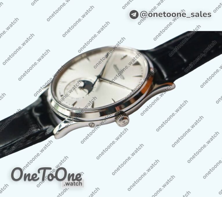 Реплика часов Jaeger-lecoultre Master Ultra Thin Moon 1368420 Stainless steel Top-tier Копия один в один White Dial on Black Leather Strap