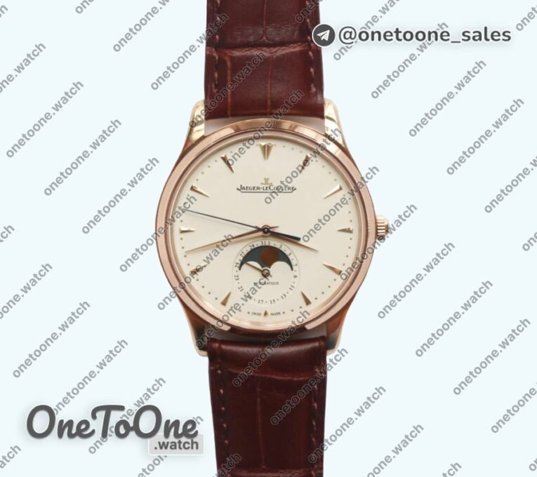 Реплика часов Jaeger-lecoultre Master Ultra Thin Moon 1362520 Rose gold Top-tier Копия один в один White Dial on Brown Leather Strap