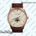 Реплика часов Jaeger-lecoultre Master Ultra Thin Moon 1362520 Rose gold Top-tier Копия один в один White Dial on Brown Leather Strap