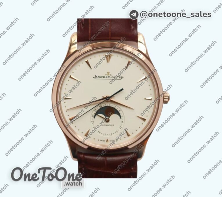 Реплика часов Jaeger-lecoultre Master Ultra Thin Moon 1362520 Rose gold Top-tier Копия один в один White Dial on Brown Leather Strap