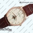 Реплика часов Jaeger-lecoultre Master Ultra Thin Moon 1362520 Rose gold Top-tier Копия один в один White Dial on Brown Leather Strap